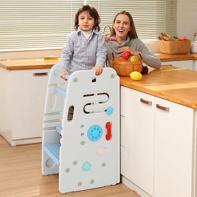SDADI Multifunctional Toddler Tower with Double Safety Rails - Adjustable & Non-Slip for Kitchen and Bathroom Use - Montessori Step Stool for Kids, Beige and Baby Blue