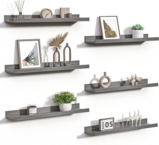 upsimples Floating Shelves for Wall, Wall Shelves for Decor Storage Set of 6, Wall Mounted Wood Shelves for Bedroom, Living Room, Bathroom, Kitchen, 23.6 inch Long Picture Ledge Shelves, Grey