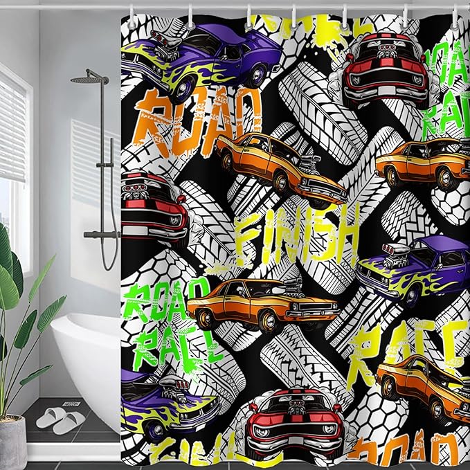AILONEN Racing Car Shower Curtain for Bathroom Decor,Cool Racer Bath Curtain for Kids Boys Teens,Graffiti Printed Curtain Waterproof with 12 Plastic Hooks, 36" W x 72" H