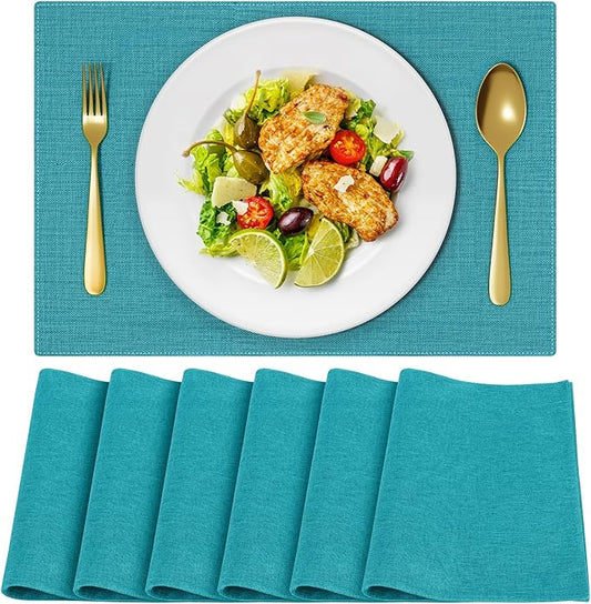 Cloth Placemats, Set of 6 Heat-Resistant Cotton Linen Blend Double Layered Machine Washable Place Mats, Wrinkle Free Thick Fabric Dining Table Mats for Indoors & Outdoors (Teal, 6)