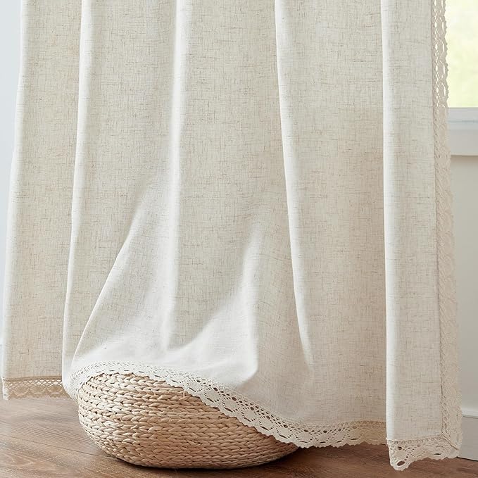 jinchan Linen & Polyester Blend Beige Curtains 84 Inch Length 2 Panels Curtains with Lace Trim for Living Room Rustic Farmhouse Curtain Rod Pocket Back Tab Light Bedroom Window Curtain Set