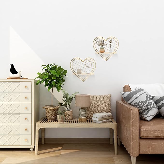 Afuly Floating Shelf Wall Mounted Gold Heart Shaped Hanging Shelves for Wall Modern Minimalist Shelf Storage Organizer Rack for Bedroom Living Room Nursery Room Decor Christmas