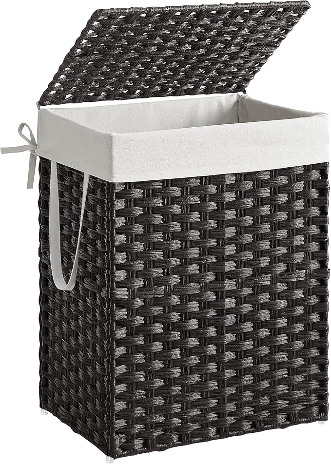 SONGMICS Laundry Hamper with Lid, 23.8 Gallon (90 L) Synthetic Rattan Clothes Laundry Basket with Lid and Handles, Foldable, Removable Liner, Black ULCB51BK