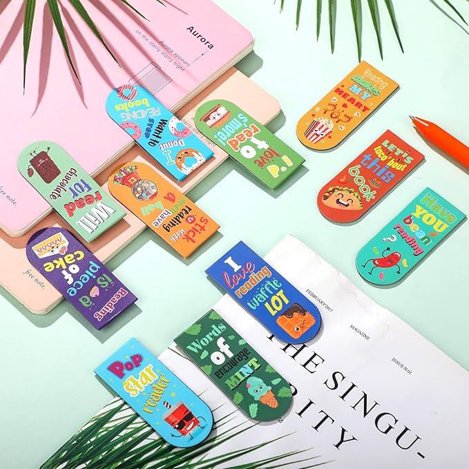 48 Pack Scented Bookmarks Magnetic Scratch and Sniff Fruit Food Bookmarks for Kids Cute Page Markers with Sayings for Kids Students Teens Teachers(Food Flavor)
