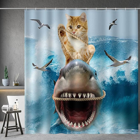 Aimego Extra Long Shower Curtain - Funny Cute Cool Cat Riding Shark Ocean Wave Fun Fabric Cloth Shower Curtain Set with 12 Hooks for Adults Kids Bathroom Decor Accessories Bathtub Curtain, 72"x78"