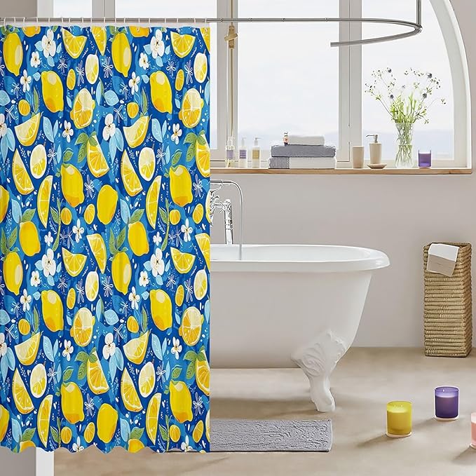 Feelyou Lemons Shower Curtain Fruits Fabric Shower Curtain for Kids Boys Girls Floral Flowers Bathroom Waterproof Accessories with 12 Hooks Blue and Yellow Curtains,72X78 Inches