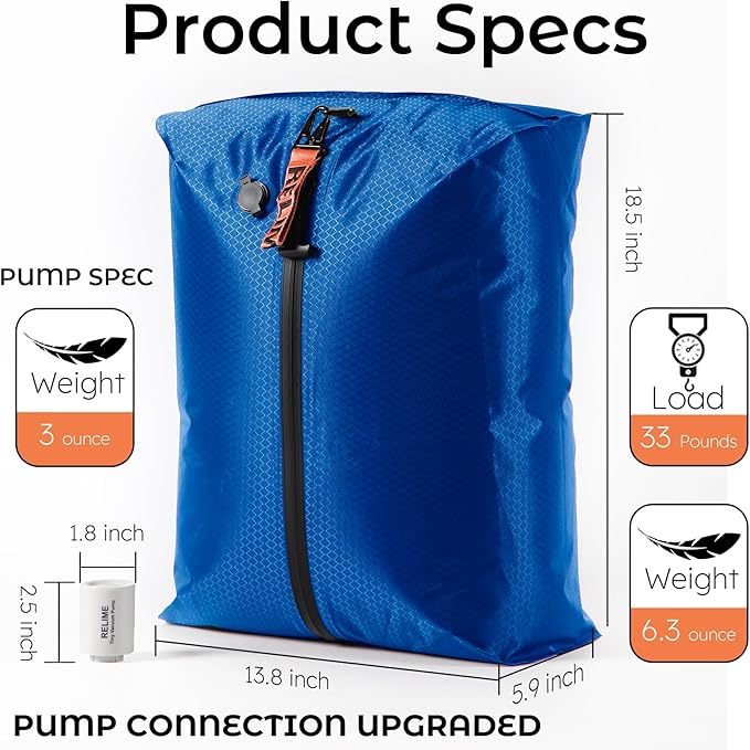 Vacuum Bags for Travel Luggage with Wireless Pump, Revolutionary Reusable Compression Bags for Carry On Suitcases and Backpack, Vacuum Seal Packing cube for Cloth (2PC + PUMP Gray & Blue)