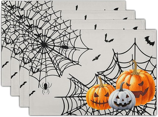 Giwawa Halloween Placemats, Colorful Spooky Pumpkins Spider Web Bats Linen Place Table Mats Washable Stain Resistant for Kitchen Dining Party Holiday Tabletop Decor, Set of 4, 12x18 Inches