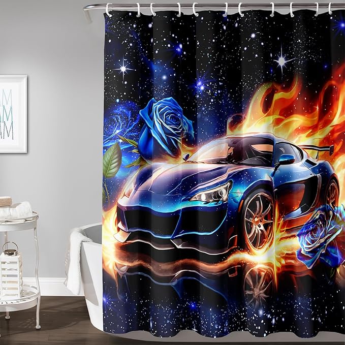 AILONEN Racing Car Shower Curtain for Bathroom, Blue Galaxy Starry Sports Cat Bath Curtain,Speed Car Shower Curtain for Kids Teen,Waterproof Curtain Bathroom 72" W*96" H Decor with 12 Plastic Hooks