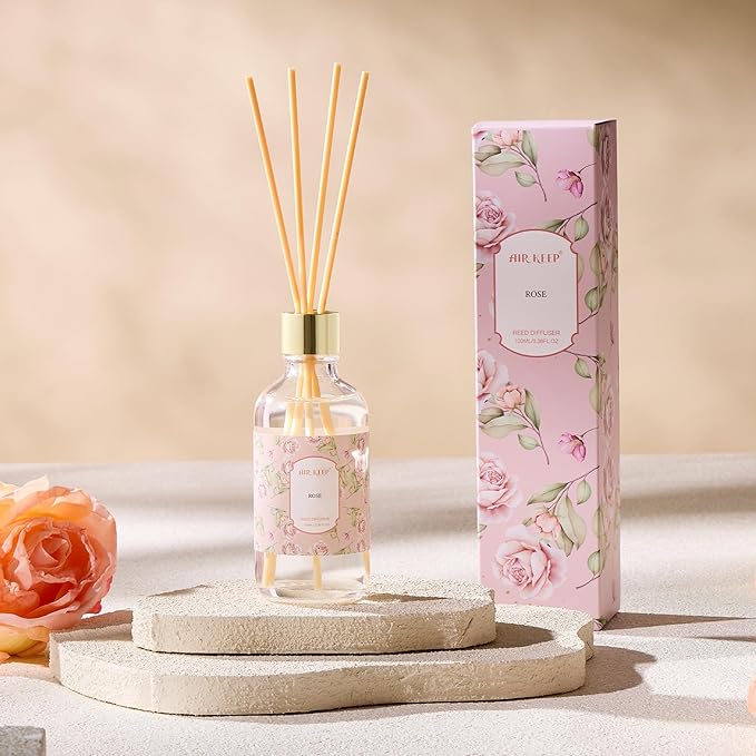 Airkeep Reed Diffuser Oil Set with Reed Sticks,Rose Aromatherapy Oil Scent Diffuser for Home Office Bathroom Decoration Perfume and Gifts 200ml/6.76 oz