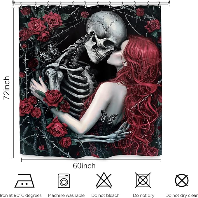 Skull Rose Gothic Halloween Shower Curtain 60Wx72L Inch Skeleton Scary Horror Black Red Horror Spooky Flower Floral Holiday Bathroom Set Accessories Decor with 12 Pack Hooks