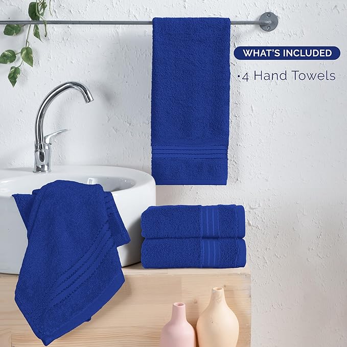 Elegant Comfort Premium Turkish Cotton 4 Pack Hand Towel Set - 16 x 28 inch, Luxurious Hotel Spa Quality 100% Turkish Cotton 4PC Hand Towel Set - Highly Absorbent - Soft Bathroom Towels, Royal Blue
