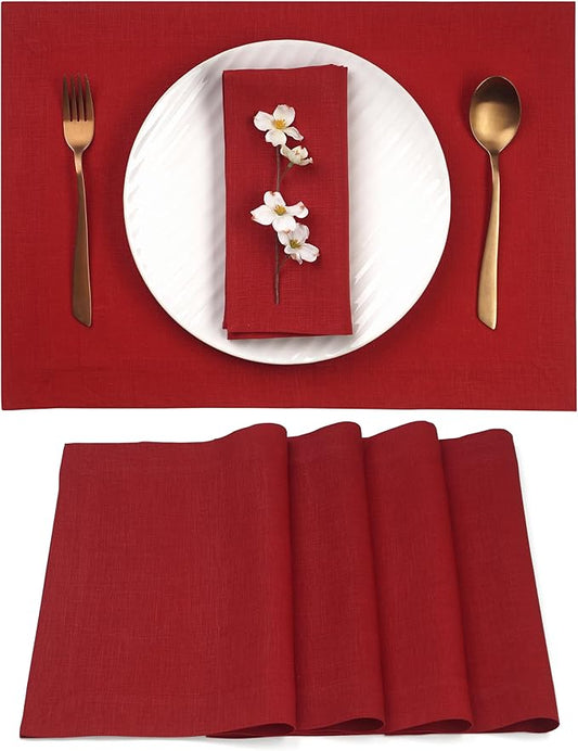 D'Moksha Homes Linen Red Placemats Set of 4-100% Pure Linen Placemats 14 x 19 Inch for Summer - Handcrafted and Machine Washable