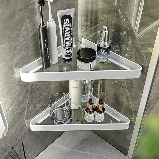 VOLPONE Bathroom Shelves Wall Mounted Glass Corner Shower Shelf for Bathroom Floating Shelf Tempered Glass Wall Organizer 2-Tier(White)
