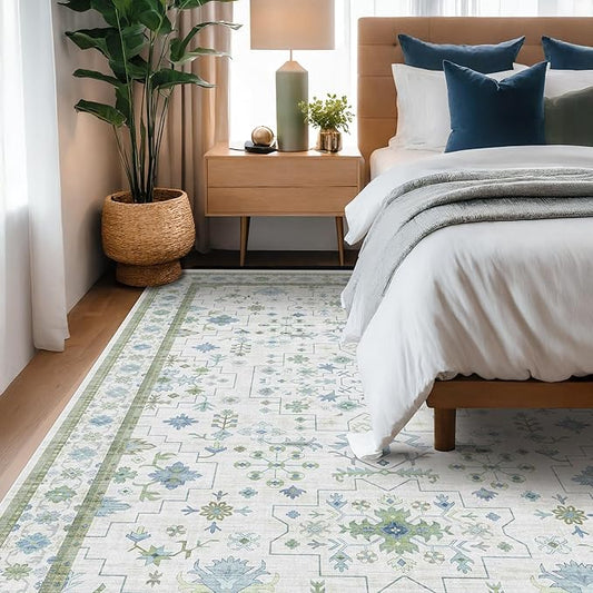 Cream Oushak 6x8 Bedroom Rug - Boho Floral Cool Blue and Green, Washable Low Pile Non-Slip Ultra-Thin Large Area Rugs for Bed Room, Living Room