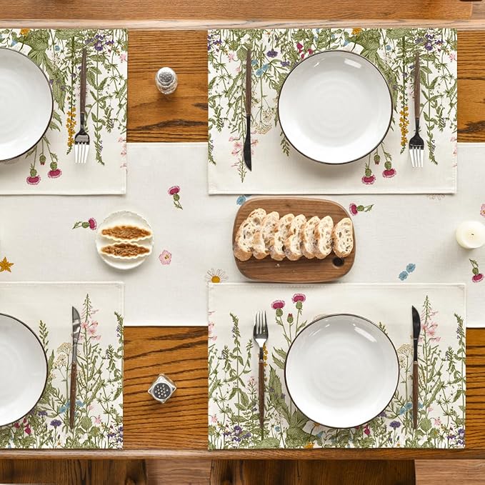 Artoid Mode Antique Herbs and Wild Flowers Summer Placemats Set of 8, 12x18 Inch Seasonal Wildflower Spring Table Mats for Party Kitchen Dining Decoration