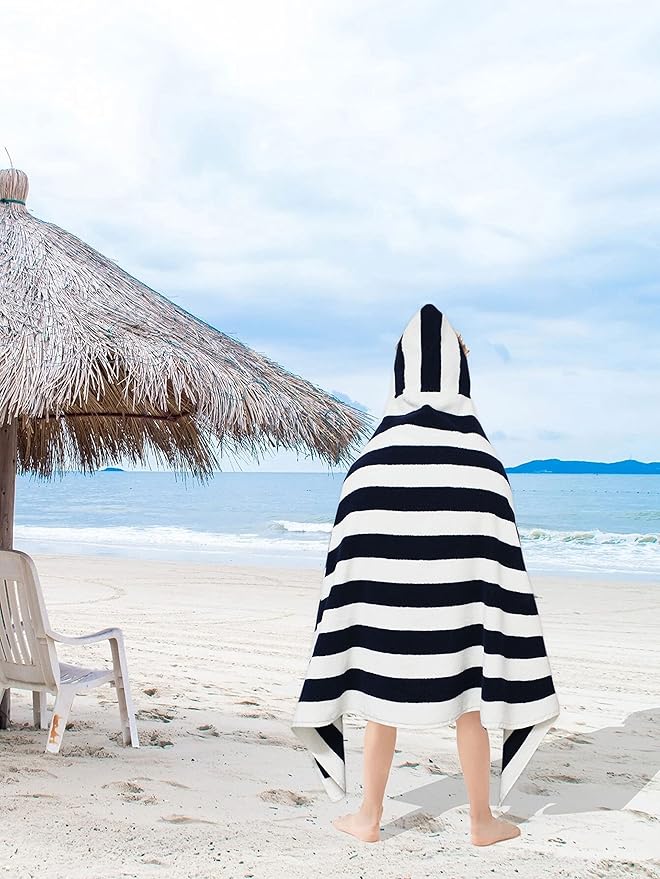 Hooded Bath Towel Wrap - 100% Cotton Terry Large Oversized Hooded Kids Towel - Toddler Shower Pool Beach Towel - Soft Plush Absorbent Quick Dry Easy Care Gift - 30x60- Cabana Stripe Blue