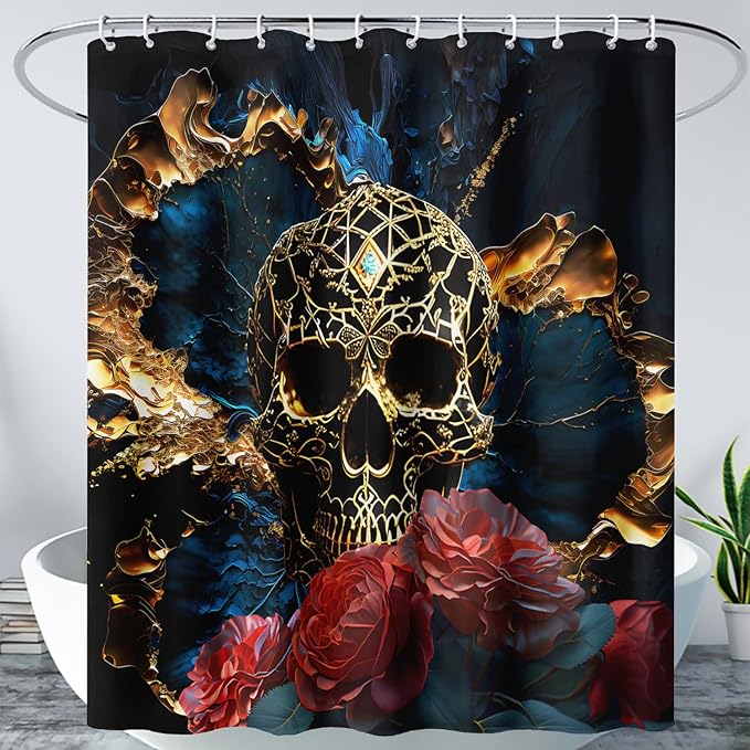 AILONEN 3D Skull Shower Curtain,Oil Ren Rose with Gold Skull Skeleton Design Shower Curtain Set with Hooks for Boys Girls Teens,Gothic Skull Waterproof Fabric Shower Curtain for Bathroom,48" W*72" H