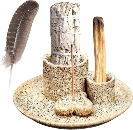 4 in 1 Incense Burner Holder,Incense Sage and Palo Santo Holder,Incense Stick Holder,Ceramic Incense Holder Ash Catcher,for Meditation Room (Brown)