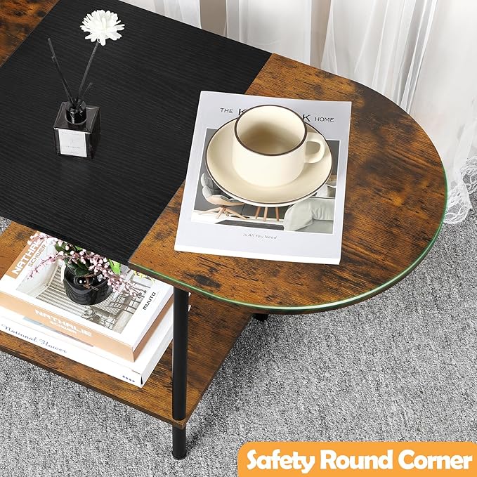 Coffee Tables for Living Room,2-Tier Small Coffee Table Farmhouse Oval Center Table with Storage Shelf and Wood Tabletop,for Small Space,Home Office,Black & Brown