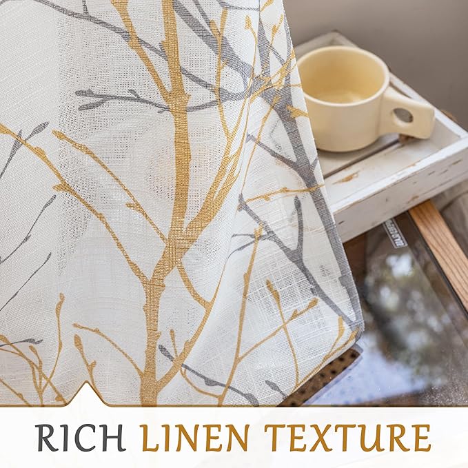 FMFUNCTEX Linen Semi Sheer Curtains for Bedroom, Yellow White Curtains 108 Inches Long for Living Room, Grey Tree Branch Print Curtain Light Filtering Extra Long Window Drapes, Grommet Top 2 Panels
