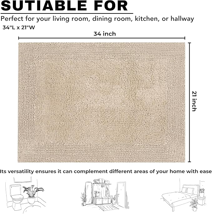 Bedding Craft Bathroom Matts, Bath Mat Rug, Bathroom Rug Mat, Cotton Rugs White, Reversible White Cotton Bath Mat Rug, Water Absorbent Cloth Bathmat for Outside Bathtub, Machine Washable 21x34 Linen