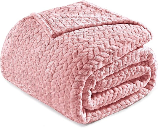 Exclusivo Mezcla Pink Fleece Queen Size Blanket for Bed, 90x90 Inches Soft Cozy Jacquard Flannel Blankets, Lightweight Fuzzy Plush Warm for All Seasons