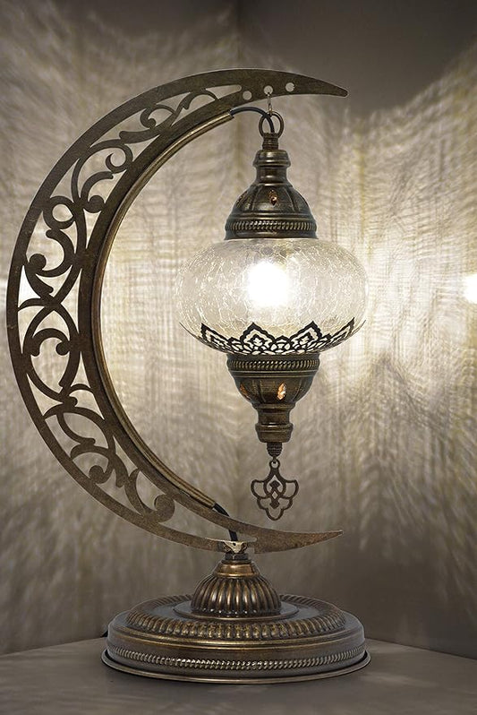 mozaist Turkish Lamp, Unique Lamps, Moon Shaped Mosaic Table Lamp, Moroccan Handmade Antique Bohemian Vintage Lamp Shade, Tiffany Desk Bedside Stained Glass Lamp with US Plug and E12 Socket