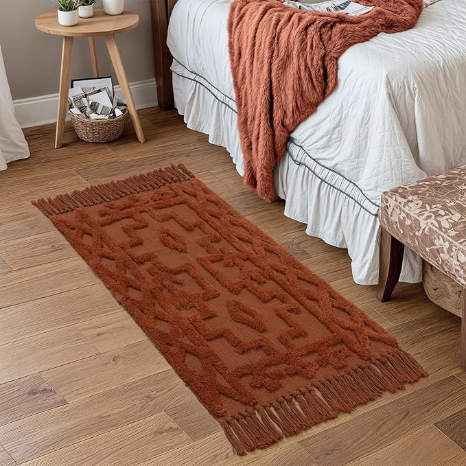 Uphome Boho Bathroom Runner Rug 2' x 4.3', Washable Woven Cotton Bedroom Runners, Terracotta Aesthetic Tufted Entryway Runner Rugs, Bohemian Tribal Throw Rug for Bedside Living Room Laundry Kitchen