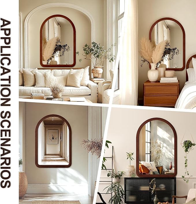 36"x24" Arched Bathroom Mirror, Wall Mounted Vanity Plush Flannel Frame Mirror for Bedroom, Entryway, Living Room, Dark Brown
