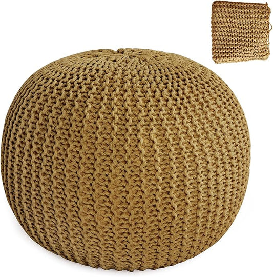 HOMBYS Unstuffed Ottoman Pouf Cover, 100% Cotton Handmade Knitted Ottoman Pouf Cover Round Foot Stool, Floor Bean Bag Chair, Foot Rest Storage for Living Room Bedroom, Ginger(Cover ONLY NO Filler)