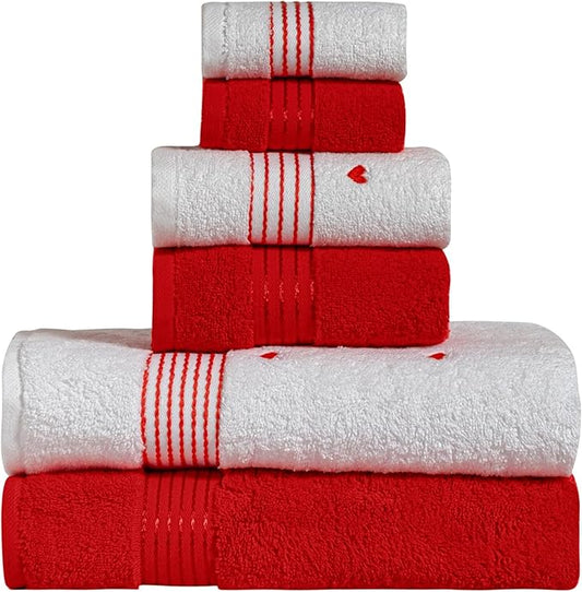Elegant Comfort Premium Cotton 6-Piece Towel Set, Includes 2 Washcloths, 2 Hand Towels and 2 Bath Towels, 100% Turkish Cotton - Highly Absorbent and Super Soft Towels for Bathroom, Hearts