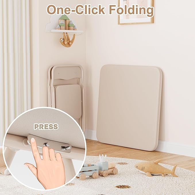 GAOMON Boys and Girls Folding Table and Chairs Set of 3, Portable Table and Chair with Pu Soft Cushion, No Installation Required, Suitable for Eating, Reading and Playing