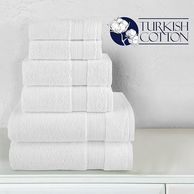 Elegant Comfort Premium Cotton 6-Piece Towel Set, Includes 2 Washcloths, 2 Hand Towels and 2 Bath Towels, 100% Turkish Cotton - Highly Absorbent and Super Soft Towels for Bathroom, White