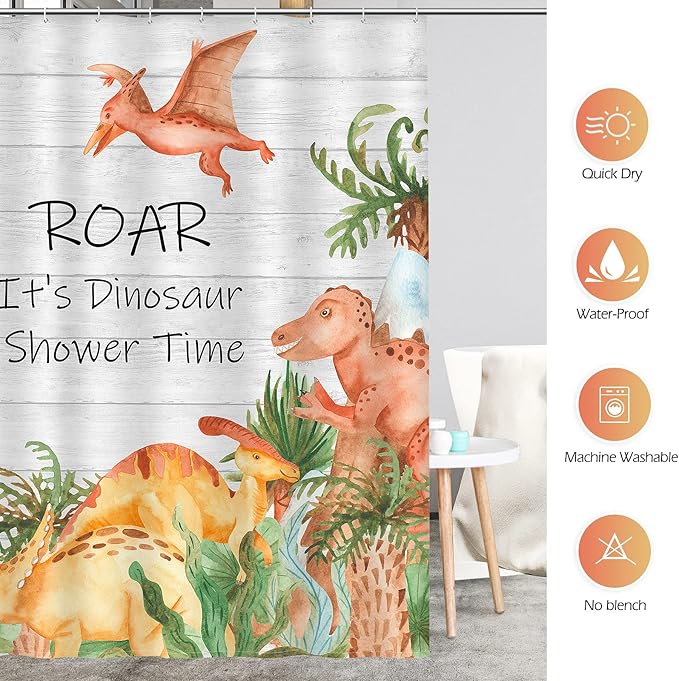Aimego Cartoon Dinosaur Shower Curtain Yellow Cute Dino Animal Park Pattern Kids Shower Curtain Set with 12 Hooks for Bathroom Decor Accessories Bathtub Curtain, 72"x72"