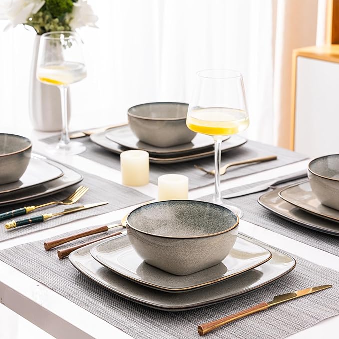 AmorArc Ceramic Dinnerware Sets for 4, 12 Pieces Square Handpainted Plates and Bowls Set, Chip and Scratch Resistant Stoneware Dishes Set, Dishwasher & Microwave Safe, Reactive Glaze