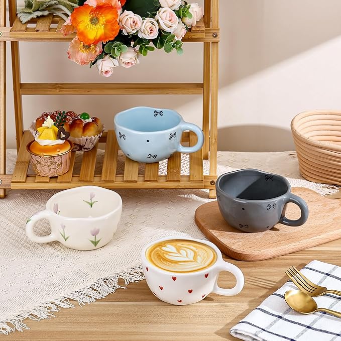 Koythin Ceramic Coffee Mug, Handmade Hot Chocolate Mugs, Cute Cup for Girl Women, Aesthetic Tea Milk Cup with Handle, 8.5 oz/250 ml for Latte, Cocoa, Office, Home (Purple Tulip)