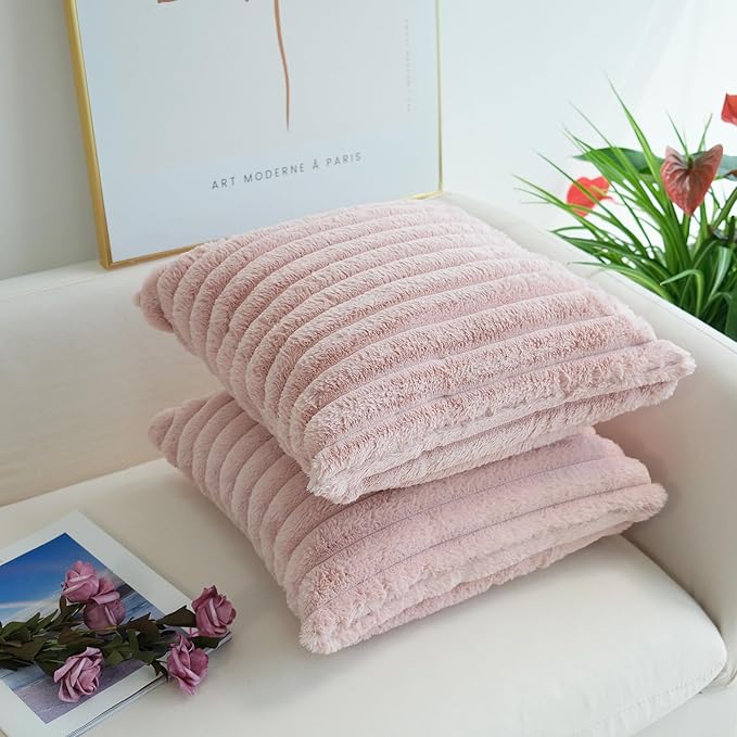 JOJUSIS Pack of 2 Faux Fur Plush Decorative Throw Pillow Covers Couch Cushion Case Soft Pillowcases (Pink, 16 x 16-Inch)