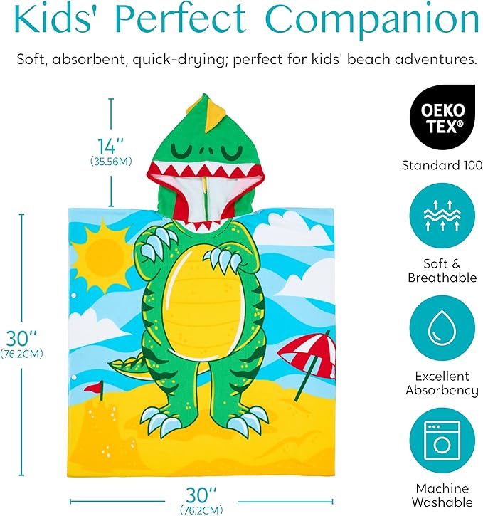 Joiedomi Kids Beach Towel - Dinosaur Bath Towel with Hood - for Boys Girls 3-10 Years 30" x 30" - Toddler Soft Absorbent Swim Pool Towel- Quick Dry Microfiber Surf Poncho