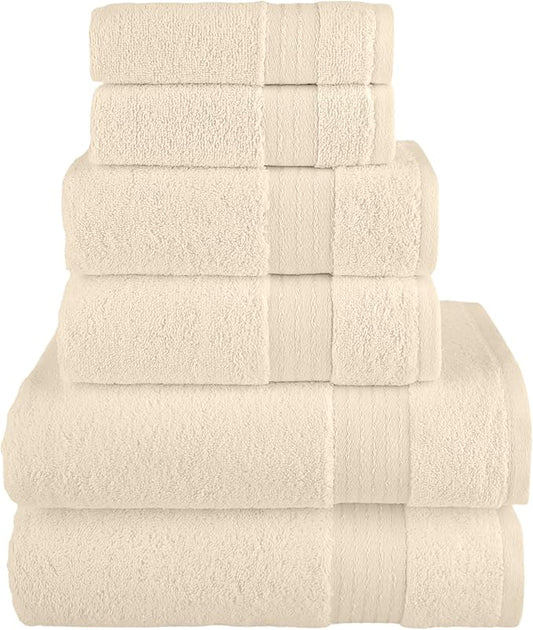 Elegant Comfort Premium Cotton 6-Piece Towel Set, Includes 2 Washcloths, 2 Hand Towels and 2 Bath Towels, 100% Turkish Cotton - Highly Absorbent and Super Soft Towels for Bathroom, Ivory