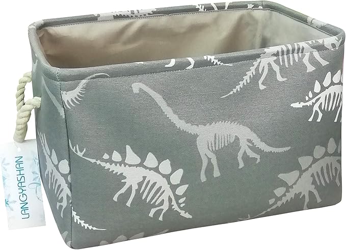 LANGYASHAN Rectangular Storage Bin Collapse Canvas Fabric Cartoon Storage Basket with Handles for Organizing Home Kitchen Boys and Girls Toys Office Closet Shelf Baskets (Rec Gray Dinosaur skeleton)