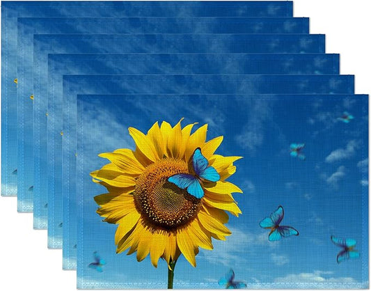 Placemats,Sunflower Blue Butterfly Placemats 12x18 Inch Waterproof Non-Slip Washable Table Mats for Kitchen Dining Party Table Decor,Set of 6