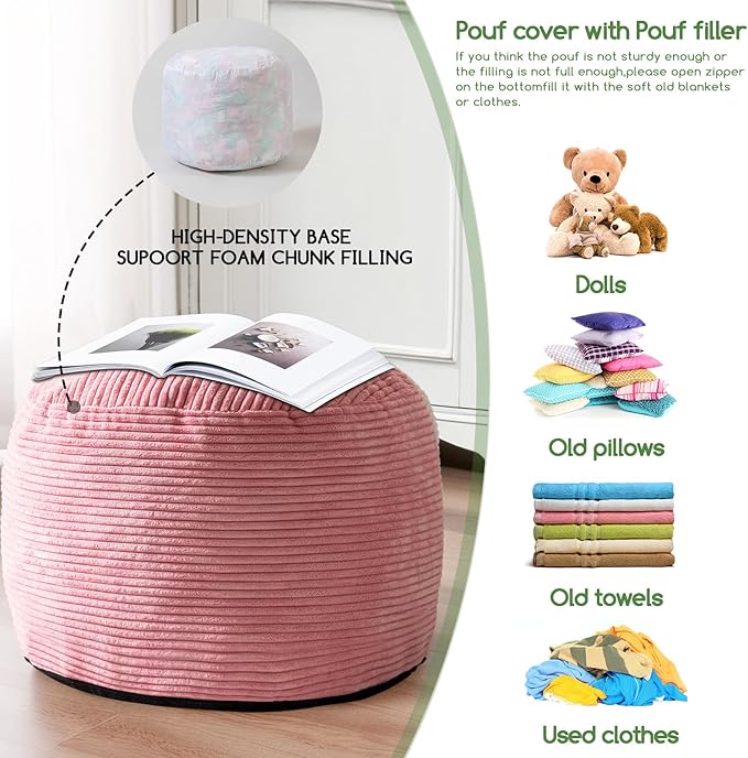 HIGOGOGO Round Stuffed Pouf Ottoman, Corduroy Poufs with Foam Chunk Filling, Furry and Fluffy Pouf Foot Stool Storage Ottoman, 26 X 18 Floor Poufs Foot Rest for Living Room, Pink