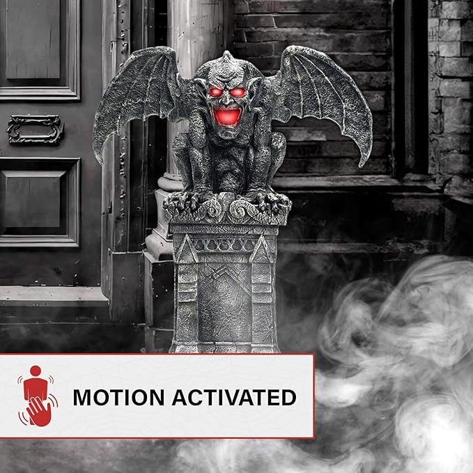 Haunted Hill Farm Motion-Activated 3.2-Ft. Tall Gargoyle, Battery Operated Scare Prop with Spooky Sound Effects and Lights for Indoor or Covered Outdoor Creepy Halloween Decoration
