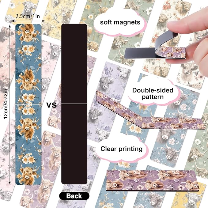 Highland Cow Floral Magnetic Bookmark - Wxiben 30 Pcs Watercolor Highland Cow Bookmarks Magnetic Cute Animal Magnets Book Markers Page Clip Gifts for Women Men Teen Students Teacher Reading Office