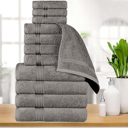 Superior Egyptian Cotton 12-Piece Towel Set, Assorted Towels for Home Bathroom, Master, Guest Bath, Decor Essentials, Includes 4 Bath, 4 Hand, 4 Face Towels/Washcloths, Quick Dry, Absorbent, Charcoal