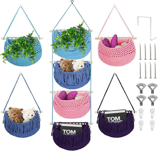 4 Tier Hanging Fruit Basket for Kitchen, 4 Pack Detachable Cotton Crocheted Wall Hanging Basket Over Door Organizer for Fruit Veggie Plant, Hanging Shelves for Bedroom Bathroom (Mixed Color)