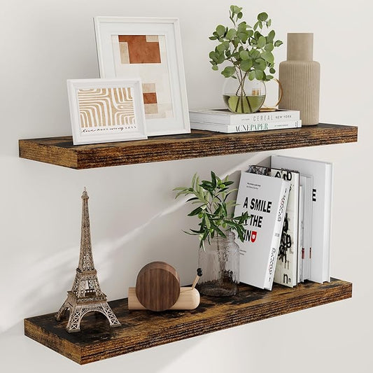 36"x9.3" Floating Shelves, 9.3 Inch Deep Floating Shelf, Rustic Wall Shelves 36 Inch Long, Large Display Shelves for Books, Deep Storage Shelf for Living Room, Laundry Room - Rustic Brown, Set of 2