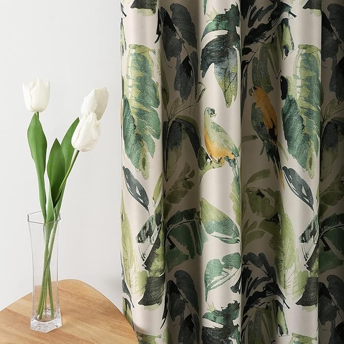 Leeva Extra Wide Curtains for Living Room, 1 Pc Blackout Curtains & Drapes Panel with Grommet, Green Macaw Pattern Print Window Treatment for Sliding Glass Door 100 Inches Wide