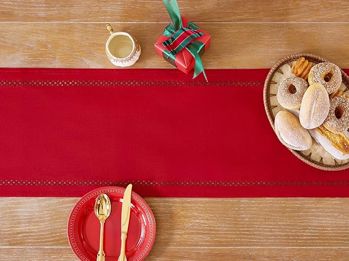 Burlap Style Farmhouse Table Runner, 13 x 48 Inch Red, Rustic Geometric Hollow Table Runners 48 Inches Long for Dresser Table Everyday Use, 13x48 Inches, Red